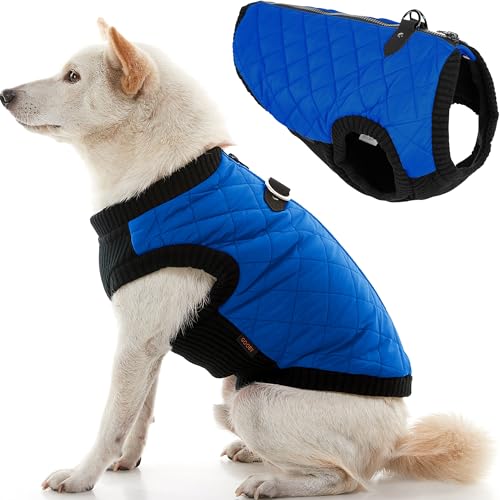 Image of Gooby Fashion Vest Dog Jacket, Blue, X-Small | Quilted bomber, water-resistant; Stretch knit bottom; Dual D-ring leash; Pain-free zipper guard; Warm