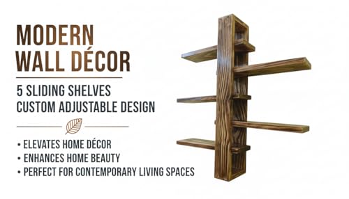 Image of Modern Wall Mounted Wooden Shelf with 5 Adjustable Sliding Shelves | Handcrafted Pine Wood Display Shelf for Living Room, Bedroom & Home Decor