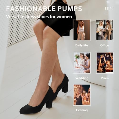 IDIFU Women's Sherry Dress Low Block Chunky Heels Pumps Closed Round Toe Shoes for Wedding Office Evening3