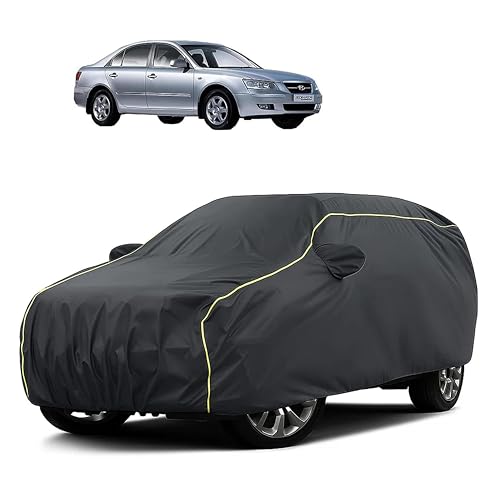 Image of Sulfar 100% Water Resistant Car Body Cover Compatible with Mirror for Hyundai Sonata Embera (Triple Stitched, Full Bottom Elastic, Dark Grey Taffeta with Yellow Piping)