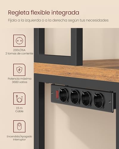 VASAGLE Estantería de Cocina con Enchufes, Altura de 90 cm, Estantería para Microondas con 8 Ganchos, 40 x 80 x 170 cm, Marrón Rústico y Negro Tinta KKS059KD02 - imagen 5