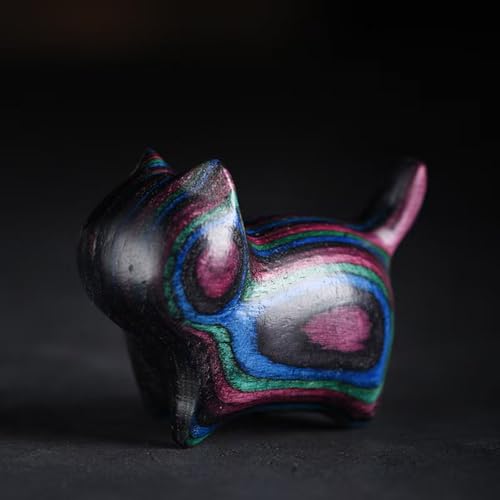 Estatua pequeña de gato tallada en madera negra y morada miniatura 2