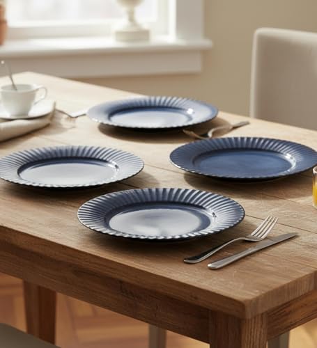 Image of Table & Tale Luxury Porcelain Dinner Plates with Elegant Blue Pattern | Crafted in Sri Lanka | Bone-Ash Free | Scratch and Chip-Resistant | Perfect for gifting | Microwave & Dishwasher Safe | Set of 4
