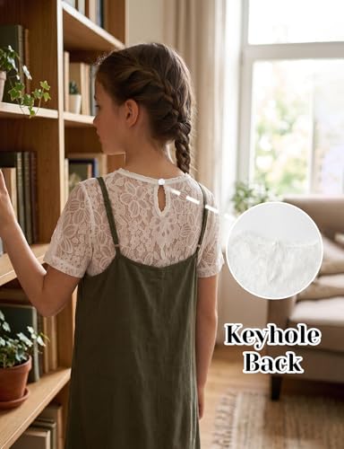 Image of Noomelfish Girls Lace Short Sleeve Layering Tops Sheer Mesh Tee Shirts Blouse (5-12 Years)