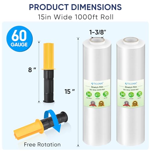 ticonn stretch wrap stretch film roll 1000ft industrial strength 15 inch wide clear plastic wrap with handles for pallet wrapping shipping moving