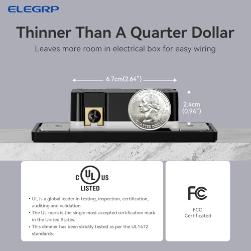 Image of ELEGRP Dimmer Light Switch for 300W Dimmable LED /CFL Lights and 600W INC /HAL Bulbs, Single Pole /3-Way LED Slide Dimmer Light Switch, Wall Plate Included, UL Listed, 2 Pack, Matte Black