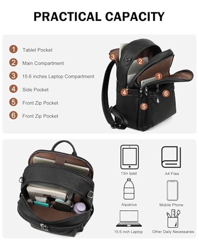 Image of FADEON 15.6 Inch Laptop Backpack Purse for Women, Large Capacity | Vegan Leather Backpack with Padded Straps, Laptop & iPad Slots Fits 13 inch, 14 inch & 15.6 inch, Roomy for Daily, Work & Travel