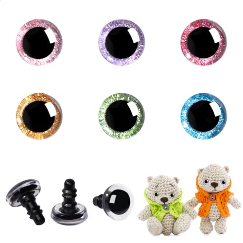 MUCUNNIA 120pcs 12mm 3D Glitter Plastic Safety Eyes for Amigurumi Trapezoid Craft Crochet Doll Eyes with Washers Stuffed Animal Eyes for DIY of Puppet Bear Plush Animal(6 Colors)