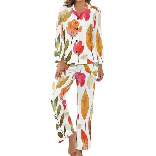 Pyjama femme 2 pièces en grande taille avec haut boutonné et pantalon fleuri d'automne
