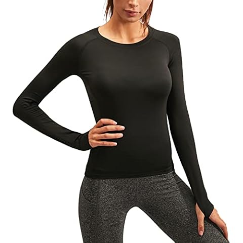Yishengwan Women's Thermal Long Sleeve Running Yoga Tops, Quick Dry Base Layer Workout Gym Sports Shirts with Thumb Holes Black M Cover