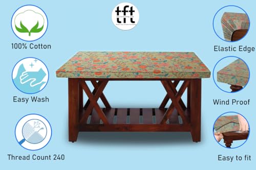 Image of The Furnishing Tree Elastic Cotton Rectangular Center Table Cover 14x24 in Inches Floral Multicolor on Green Base