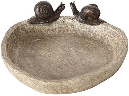 WHW Whole House Worlds Bird Bath with 2 Snails, Off White Stone Finished Basin and Brown, All Weather Poly Resin, 8 1/4 inches Diameter (21cm)