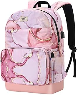 MOSISO 15.6-16 inch Laptop Backpack for Women Girls, Polyester Anti-Theft Stylish Casual Daypack Bag with Luggage Strap&USB Charging Port, Travel Business College School Bookbag, Marble MO-MBH216,Pink