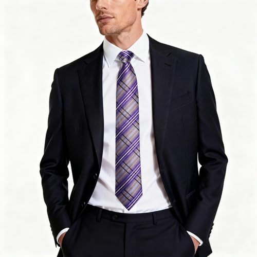 Image of DiBanGu Striped Tie Set for Men Silk Woven Plaid Necktie and Pocket Square Cufflinks Business Wedding