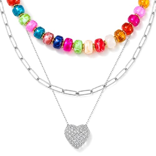 Collier ras du cou perles colorées anti-ternissement avec pendentif cœur femme