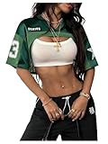Verdusa Jersey Shirts for Women Y2K Oversized Crop Tops Mesh Spliced Satin Drop Shoulder Top Green Medium