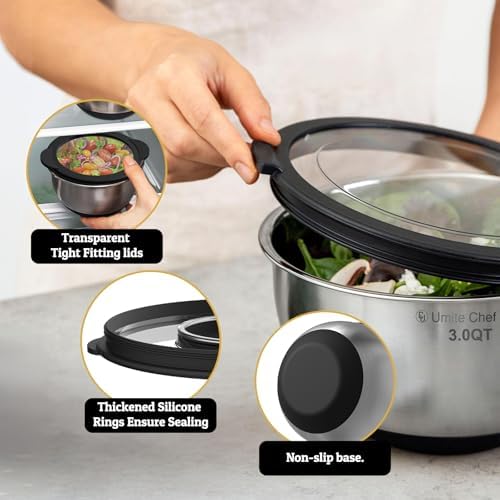 Mixing Bowls with Lids Set - Non-Slip, Airtight Warp-Proof TPR-AS Lids, Thicker Stainless Steel Bowls, Measurement Lines & 3 Graters, Prep Meal Bowl, Black Nesting Bowl for Kitchen, 5/3/2/1.5/0.63QT - Thumbnail 3