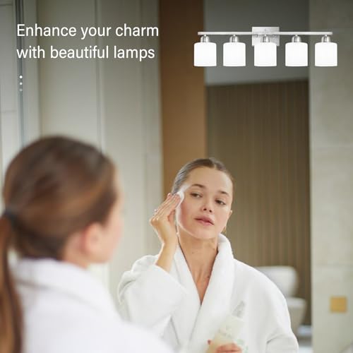 Image of 5 Light Bathroom Light Fixtures Brushed Nickel,Anti-Rust Finish Bathroom Vanity Light with Milky White Frosted Glass Shade for Mirror Bedroom Living Room E26 Base