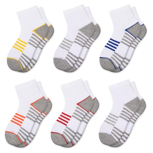 Comfoex Boys Athletic Quarter Socks - Ankle Sports Socks With Cushioned Sole - 6 Pairs, Sizes 4-6, 6-8, 8-10 Years Old