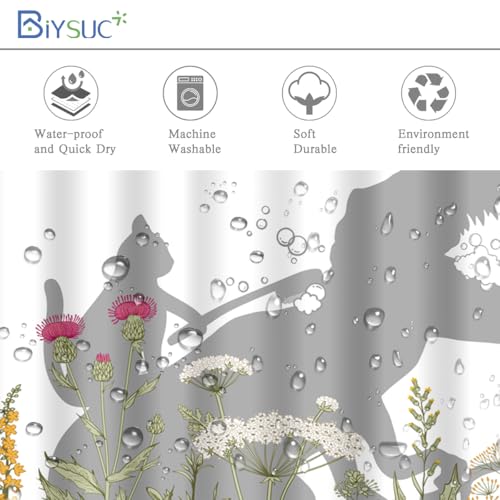 Image of Cat Dinosaur Shower Curtain Funny Cat Help Dino Bathe Behind Wildflowers Trex Silhouette Shadow for Kids Bathroom Home Decor Waterproof Polyester Fabric 72Lx60W Inch with Hooks