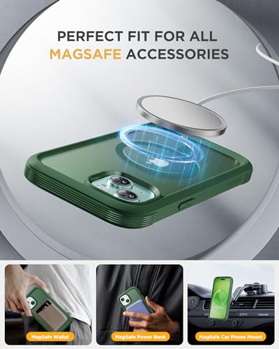 Image of Miracase Glass Series for iPhone 15 Case [Compatible with MagSafe] Full-Body Magnetic Case with Built-in 9H Tempered Glass Anti-Fingerprint Screen Protector + Camera Lens Protector, Matte Green