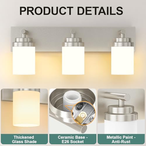 Image of IZORRO Bathroom Vanity Light Fixture, 3-Light 22 Inch Brushed Nickel Bathroom Light Fixtures Over Mirror, with White Glass Shade, Modern Farmhouse Vanity Lights, Rustic Restroom Lighting Fixtures