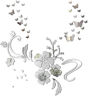 MEJOSER Flower Butterflies Mirror Wall Stickers Self Adhesive Mirror Wall Stickers Flowers and Butterflies Shape Acrylic Wall Stickers Removable DIY Mirror Wall Art Decals Silver