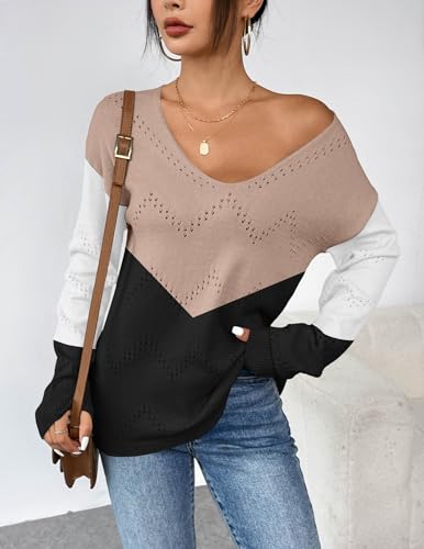 Image of Zeagoo Womens Sweaters Fall Trendy Casual Long Sleeve Shirt Lightweight V Neck Off Shoulder Crochet Pullover Top Outfit