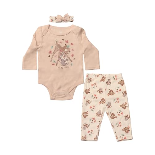 Image of Magic Threadz Disney Clothes Baby Girls Bodysuit, Pants & Headband Set – Minnie Mouse, Bambi, Marie & Tinkerbell (0–9M)
