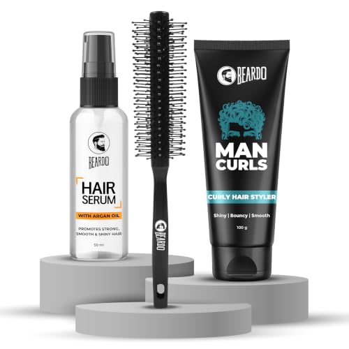 Image of Beardo Man Curls Daily Shine & Shape Trio: Hair Styler (100g), Hair Serum (50ml) & Roller Hair Brush for Instant Curl Definition and Frizz-Free Finish (Set of 3)