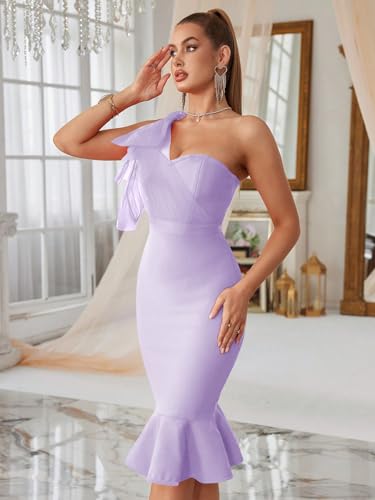Image of Mesh One Shoulder Bow Midi Dress Fishtail Bandage Cocktail Party Wedding Bridesmaid Evening Gown