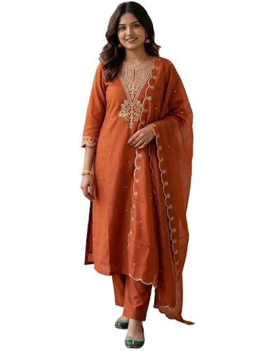 Image of INDO ERA Women's Silk Blend Embroidered Straight Kurta Pant with Dupatta Set