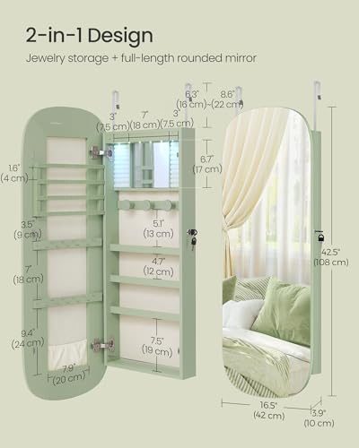 Image of SONGMICS Jewelry Organizer, LED Jewelry Cabinet Wall /Door Mounted, Lockable Rounded Wide Mirror with Storage, Interior Mirror, 3.9 x 16.5 x 42.5 Inches, Laurel Green Surface with Cream White Lining