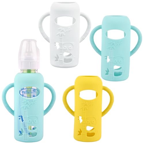 Image of 3 Pack Silicone Sleeves with Handle for Dr Brown's Glass Baby Bottles, Anti Breakage Baby Bottle Holder, Compatible with Dr. Brown's Natural Narrow Glass Baby Bottles 8 oz