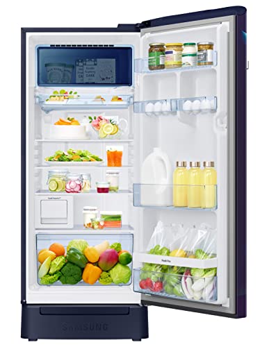 Image of Samsung 209L 3 Star Inverter Direct-Cool Single Door Digi-Touch Curd Maestro Refrigerator Appliance (RR23C2K33UZ /HL,Midnight Blossom Blue) Base Stand Drawer