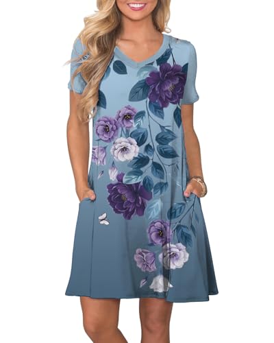 Image of COSSEN Women's Casual T Shirt Dress V-Neck Short Sleeves Swing Dresses Birthday Party Summer Travel Beach with Pocket