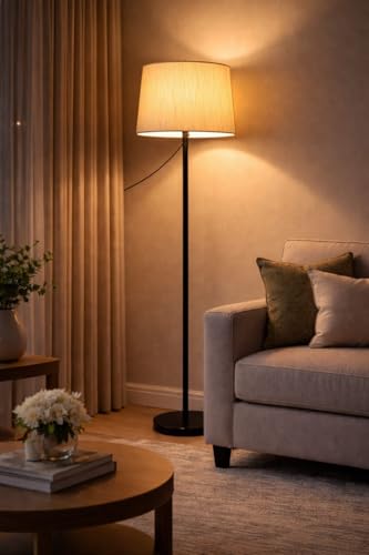 Image of Floor Lamp LED, Incandescent Standing Modern Antique Black Finish Height 52 Inches Off White Lampshade for Living Room Corner, Home, Hotel, Office Pack of (1)