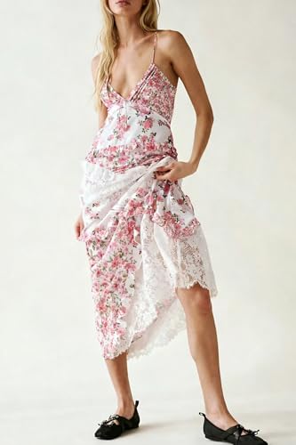 Image of Women Y2k Floral Smocked Maxi Dress Bow Tie Shoulder Tiered Ruffle Midi Sun Dress Boho Casual Beach Long Dresses