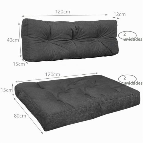Miniatura 2 de Vounot Cojines Para Palets 4-Piezas Set, Impermeable Para Interior Y Exterior, Cojín De Asiento 120x80 Cm, Respaldo 120x40 Cm, Gris
