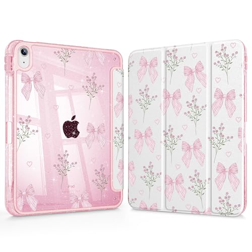 May Chen Gitter Pearl Silk for iPad (A16) 11th Generation Case 11 inch 2025, iPad 10th Gen Case 2022 10.9 inch, Sparkly Clear Back PC Protective Stand Back Cover with Pencil Holder, Flower & Bow