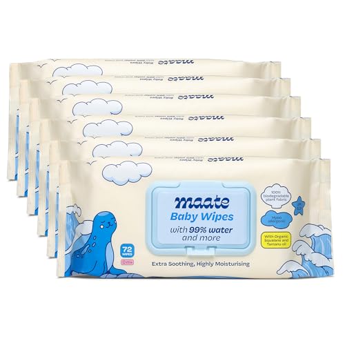 Image of Maate Baby Wipes (Pack of 6, 432 Wipes) | Soothing & Hypoallergenic | Infused With Plant Squalane, Tamanu Oil & Aloe Vera | & Hydrating | Wipe for Baby's | Paraben & Sulphate Free
