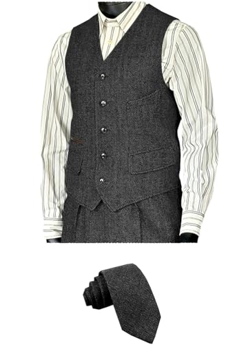 SOLOVEDRESS Men's Vintage Suit Vest Wool Sleeveless Waistcoat Tweed For Wedding Groomsmen