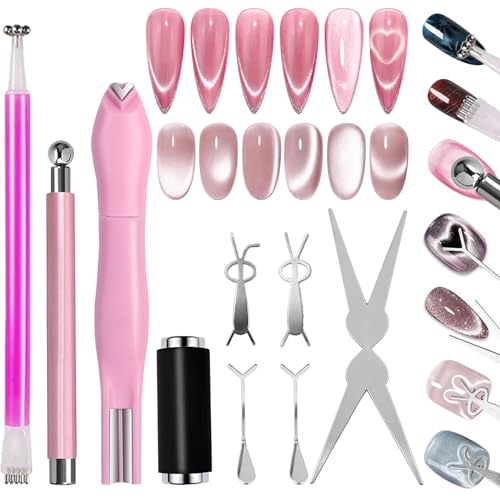 DANNEASY 9pcs Cat Eye Magnet Set 3-in-1 Heart Magnet for Nails Strong Cylindrical Magnet with Scissor-Shaped/Y-Shaped Brackets/Bunny-Shaped Plates for French Heart Bunny Cat Eye Nail Art Effect