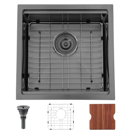 Image of 18x18 Inch Undermount Black Bar Sink, 18 Inch Gunmetal Black 16 Gauge Stainless Steel Single Bowl Workstation Under Counter Small Kitchen Sink for Wet Bar Prep Laundry RV Outdoor with Cutting Board