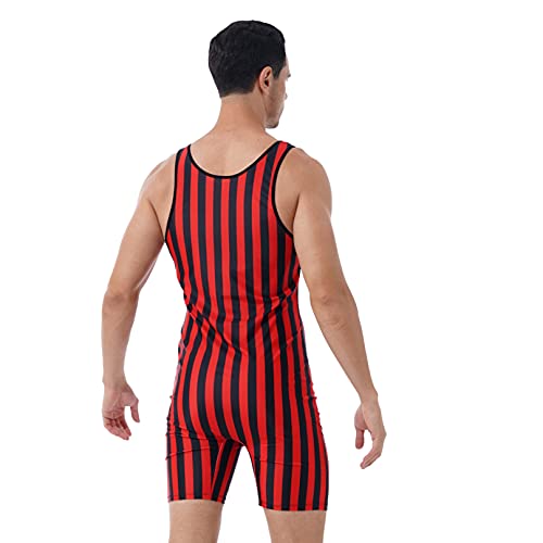 Men's Striped Print One Piece Wrestling Singlet Stretchy Bodysuit Sleeveless Tights Leotard3