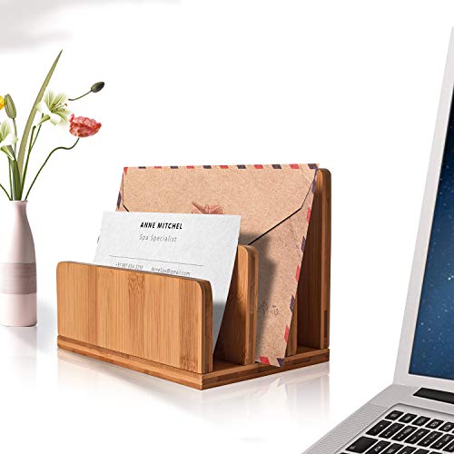 Bamboo Mail Organizer, wishacc Vertical Desk Letter/Envelope/File/Paper/Folder/Bill Holder for Office & Home, Small 3 Sections Desktop Office Supplies Incline Sorter Rack for Kids & Commuters
