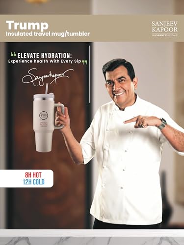 Image of Sanjeev Kapoor by Classic Essentials Stainless Steel 1200ML Tumbler with Lid and Straw, Hot and Cold Double Insulated Sipper Mug, 100% Leak Proof Coffee Tumbler Cupholder for Office (Beige)