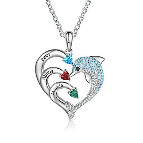 lorajewel Femme Collier Prénoms Personnalisé Femme avec 3 Prénoms Gravér Coeur Bleu Dauphin Pendentif Cadeau Anniversaire/Noël/Saint Valentin/Fête des Pères Bijoux Cover