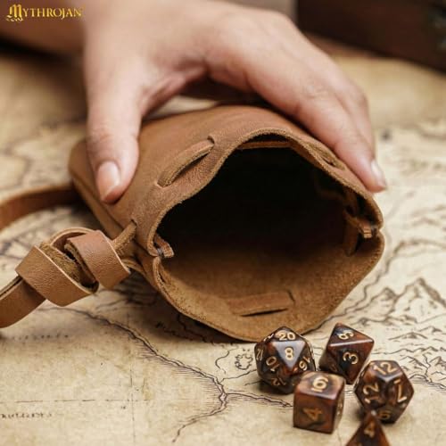 Image of Mythrojan Small Trinket Pouches Suede Leather Drawstring Coin & Dice Bags for LARP, SCA, Viking & Medieval Events (Brown- Single)