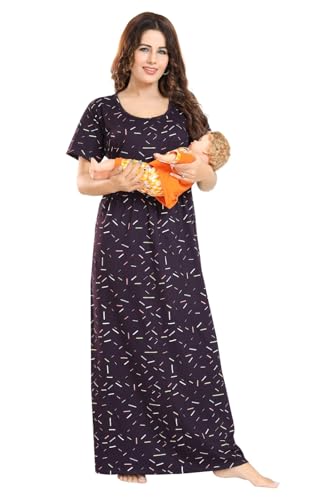 Image of Fabme Women's Full Length Printed Pre and Post Pregnancy Pure Cotton Nursing Nightdress Nighty